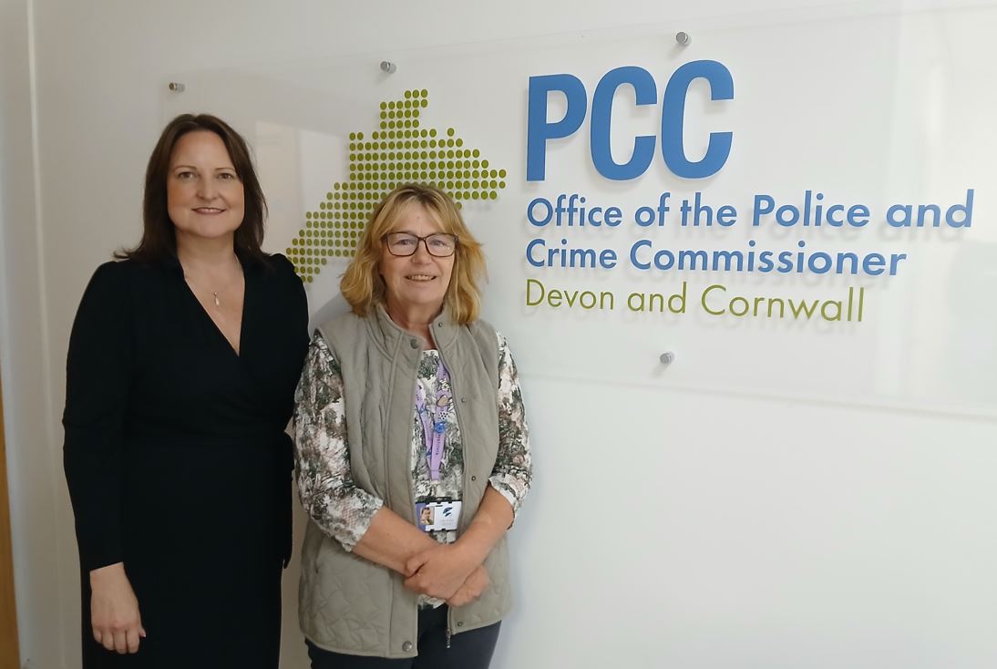 Police and Crime Commissioner Alison Hernandez, left, and Restitute CEO anf founder Cath Pickles stood in front of an OPCC sign